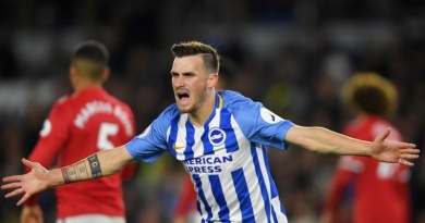 Pascal Gross celebrates scoring the goal which kept Brighton in the Premier League against Manchester United in 2018