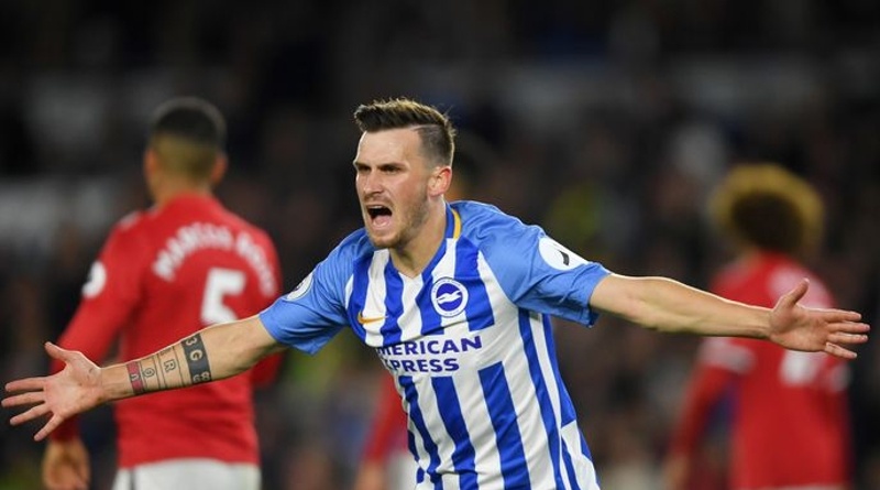 Pascal Gross celebrates scoring the goal which kept Brighton in the Premier League against Manchester United in 2018