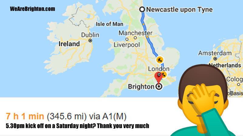 Sky Sports are sending Brighton fans on a 650 mile round trip to Newcastle United for a Saturday evening kick off