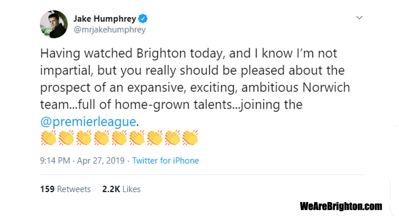 Norwich City fan Jake Humphrey tweeted that Norwich would be a breath of fresh air in the Premier League compared to Brighton