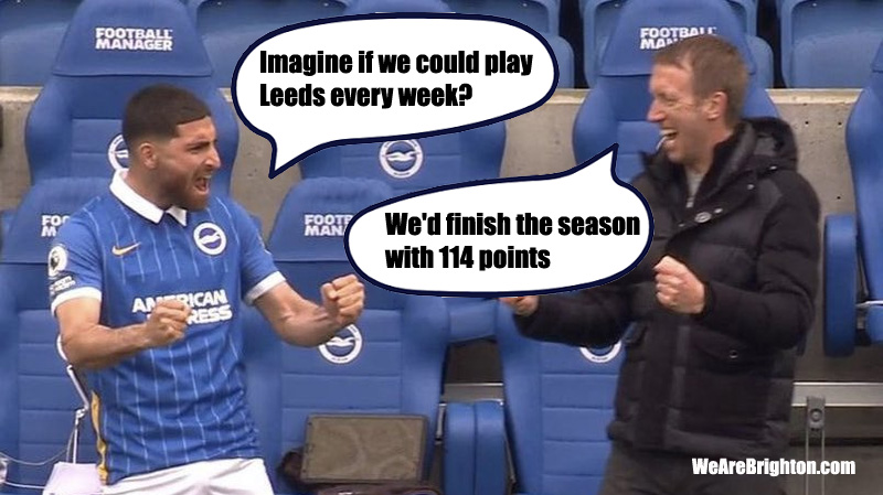 Brighton beat The Leeds United 2-0, ensuring that they take six points from the Peacocks in the 2020-21 Premier League season