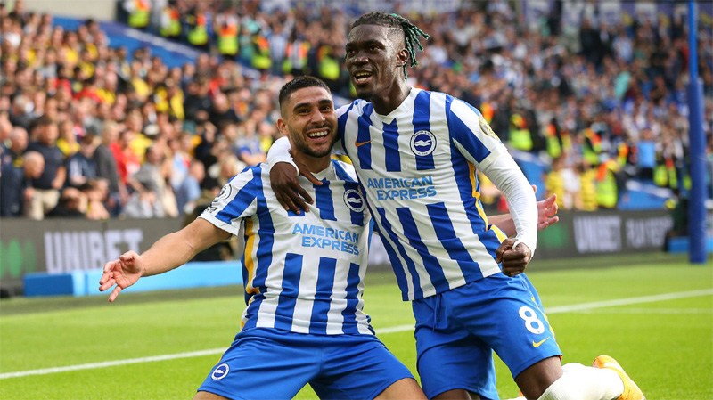 Neal Maupay and Yves Bissouma celebrate Brighton beating Watford 2-0 at the Amex Stadium