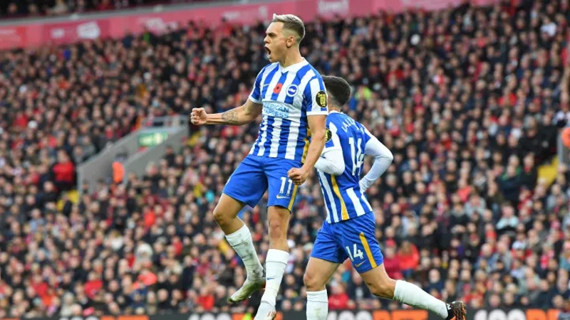 Leandro Trossard celebrates scoring for Brighton in their 2-2 draw with Liverpool