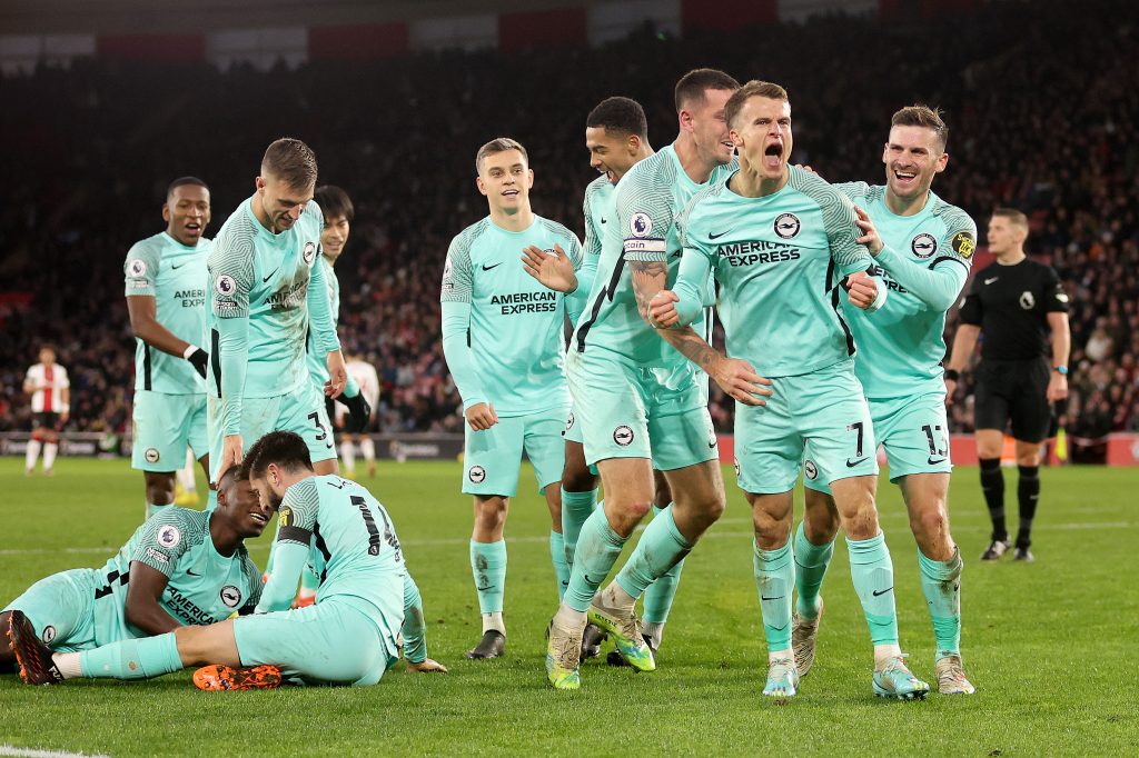 Brighton players celebrate Solly March scoring a screamer in Southampton 1-3 Brighton