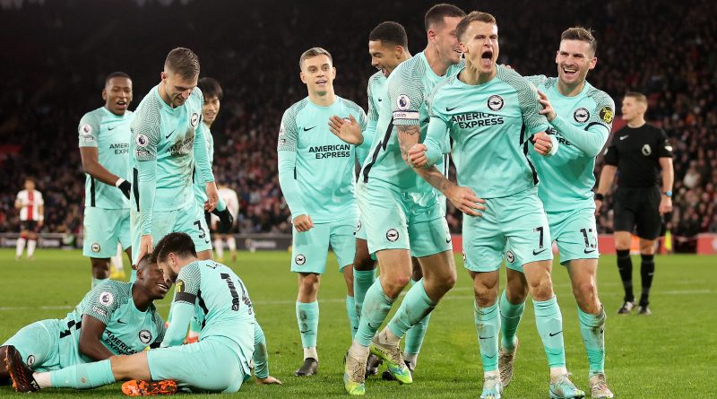 Brighton players celebrate Solly March scoring a screamer in Southampton 1-3 Brighton