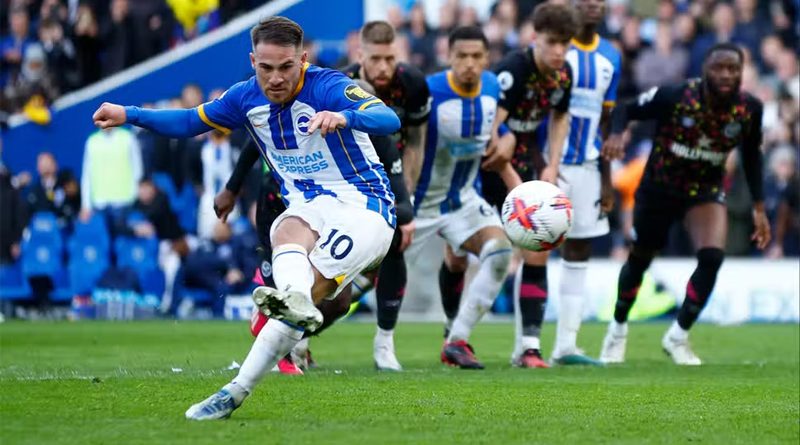 Alexis Mac Allister scores a last minute penalty for Brighton in their 3-3 draw against Brentford