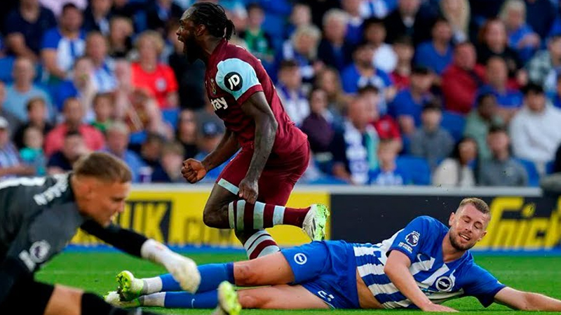 Michail Antonio scores for West Ham in their 1-3 win at Brighton