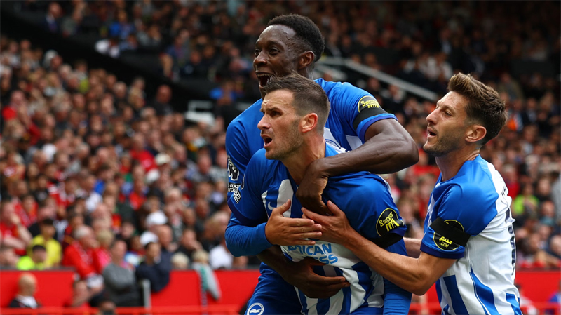 Pascal Gross celebrates scoring in Manchester United 1-3 Brighton