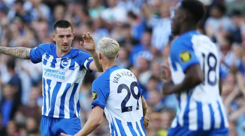 Lewis Dunk celebrates his equalising goal in Brighton 2-2 Liverpool