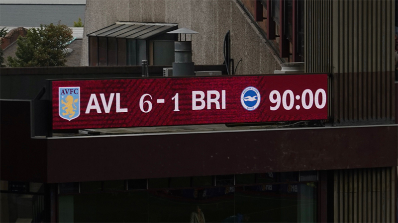 The scoreboard at Villa Park shows Aston Villa 6-1 Brighton