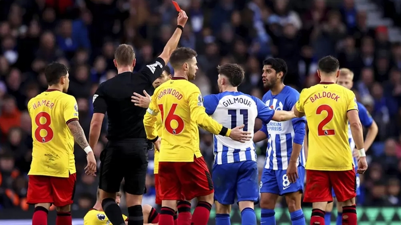 Mahmoud Dahoud is shown a red card as Brighton draw 1-1 at home to Sheffield United