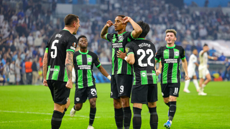 Joao Pedro celebrates scoring for Brighton against Marseille