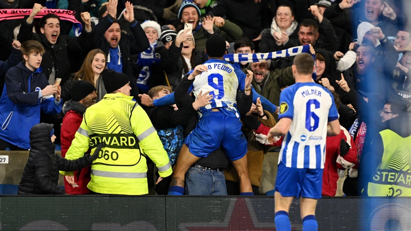 Joao Pedro celebrates scoring for Brighton in the 1-0 win over Marseille