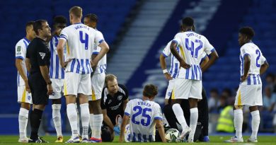 Matt O'Riley was injured six minutes into his Brighton debut as the Albion beat Crawley Town 4-0 in the Carabao Cup