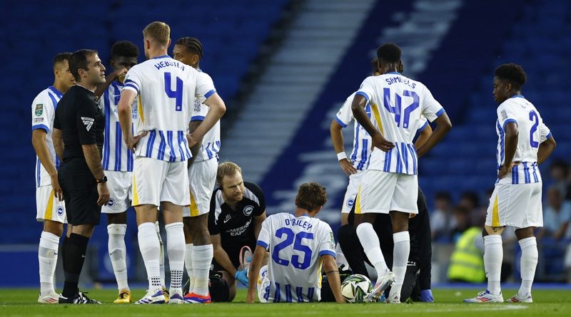 Matt O'Riley was injured six minutes into his Brighton debut as the Albion beat Crawley Town 4-0 in the Carabao Cup