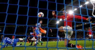 Pascal Gross heads home the winning goal for Brighton against Manchester United at the Amex in 2018