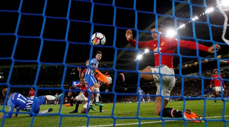 Pascal Gross heads home the winning goal for Brighton against Manchester United at the Amex in 2018