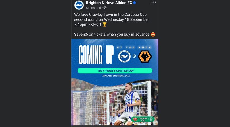 Brighton social media accounts have wrongly said the Albion face Crawley in the League Cup when they actually play Wolves