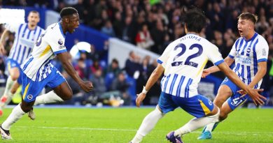 Danny Welbeck celebrates scoring the winning goal in a chaotic 3-2 win for Brighton over Spurs