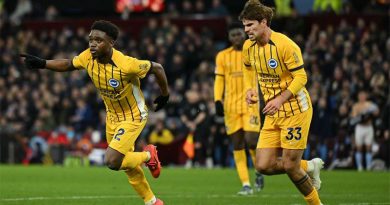 Tariq Lamptey scores an equalising goal for Brighton in their 2-2 draw at Aston Villa