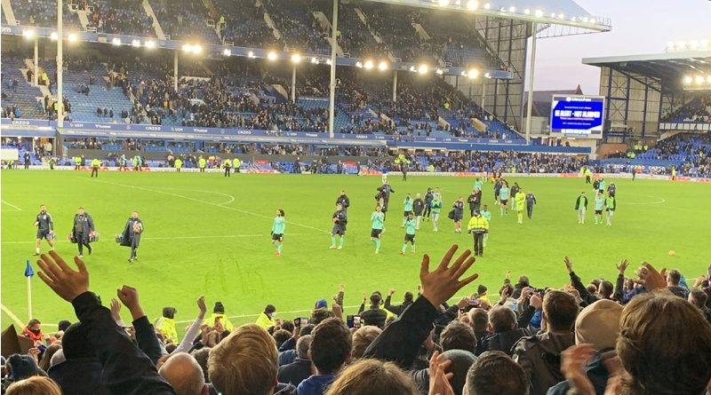 Brighton celebrate a 3-2 win over Everton, the first victory at Goodison Park in Albion history