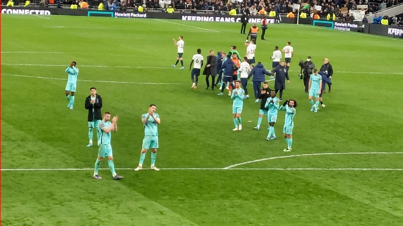 Brighton players applaud their supporters after the 3-1 FA Cup defeat at Spurs