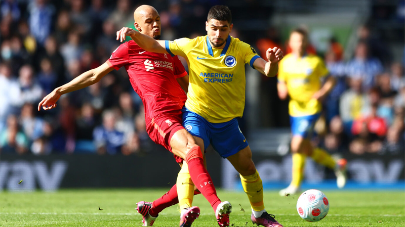 Neal Maupay in action for Brighton against Liverpool as the Albion lost for a fifth game in succession