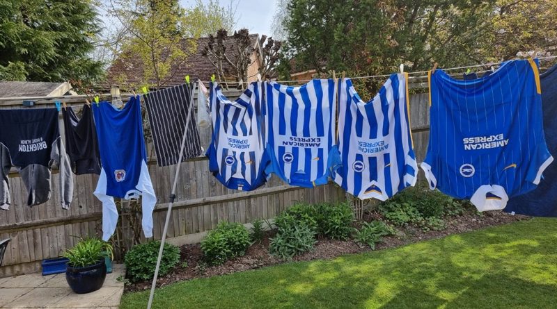 Brighton & Hove Albion replica shirts hung on a washing line