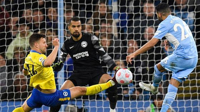 Manchester City score via Rick O'Shay in their 3-0 win against Brighton