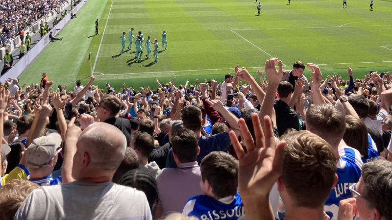 Brighton fans celebrate their 1-0 win at Spurs in April 2022