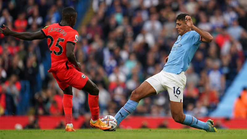 Brighton in action during their 3-1 defeat at Man City