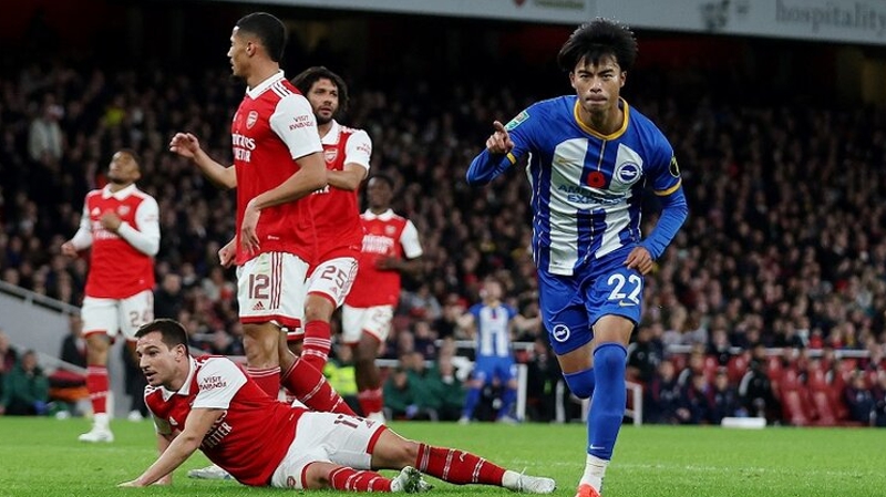 Kaoru Mitoma celebrated scoring in the League Cup during Arsenal 1-3 Brighton