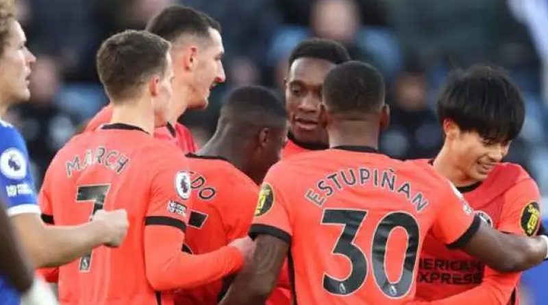 Brighton players celebrate scoring in their 2-2 draw away at Leicester City