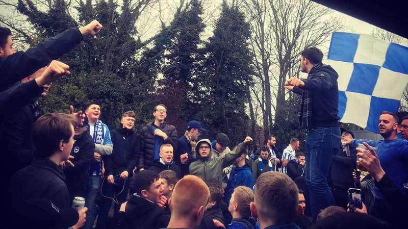 Brighton fans in The Green Man, one of the most popular pubs before the FA Cup semi final at Wembley against Manchester City in 2019