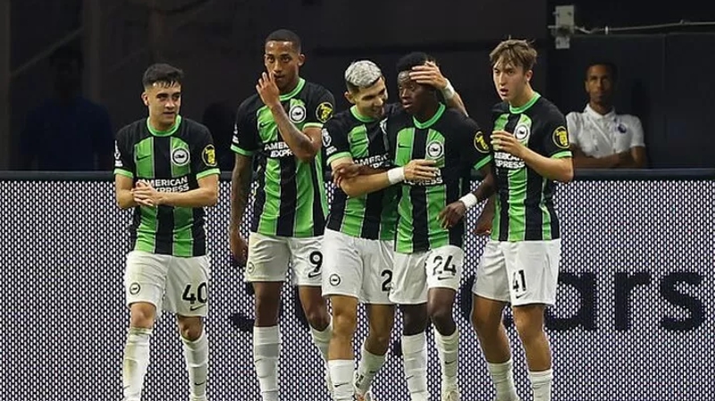 Brighton celebrate Simon Adingra scoring against Brentford in the Premier League Summer Series