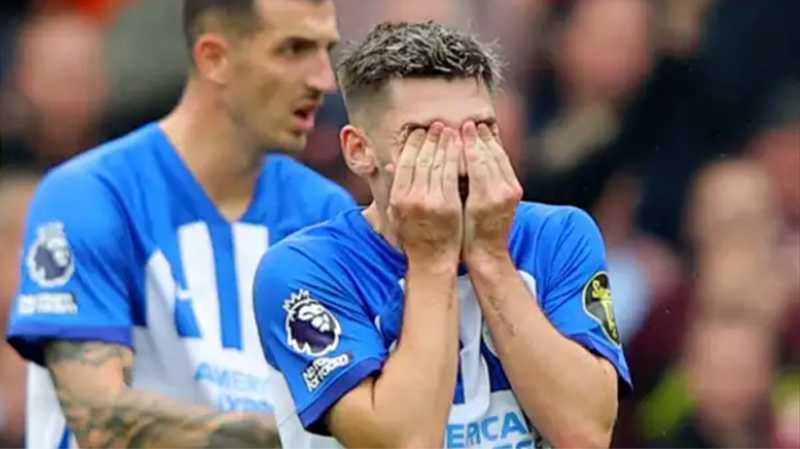 Billy Gilmour cannot believe it as Brighton are beaten 6-1 at Aston Villa