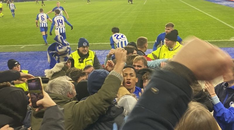Joao Pedro celebrates his winning goal for Brighton against Marseille with Albion fans