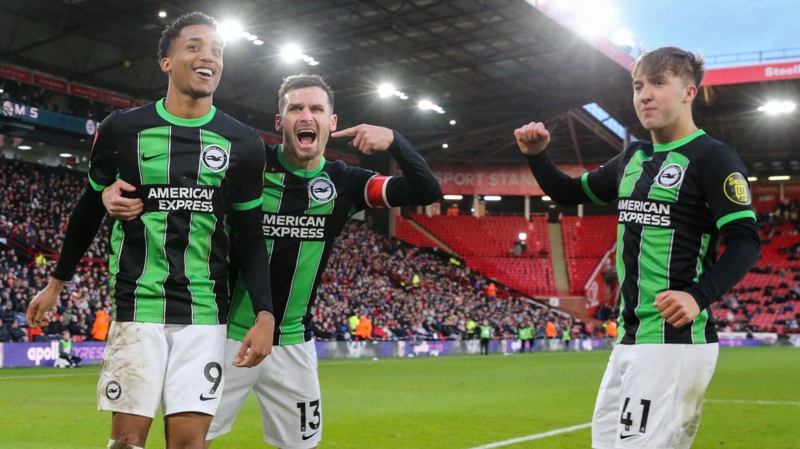 Brighton players celebrate their 5-2 FA Cup win over Sheffield United