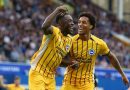 Danny Welbeck and Joao Pedro celebrate for Brighton during the 3-0 win at Everton