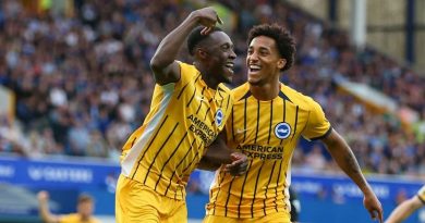 Danny Welbeck and Joao Pedro celebrate for Brighton during the 3-0 win at Everton