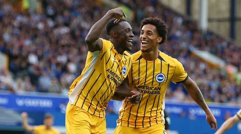 Danny Welbeck and Joao Pedro celebrate for Brighton during the 3-0 win at Everton