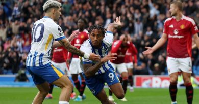 Joao Pedro celebrates his last minute winner as Brighton beat Manchester United 2-1 at the Amex