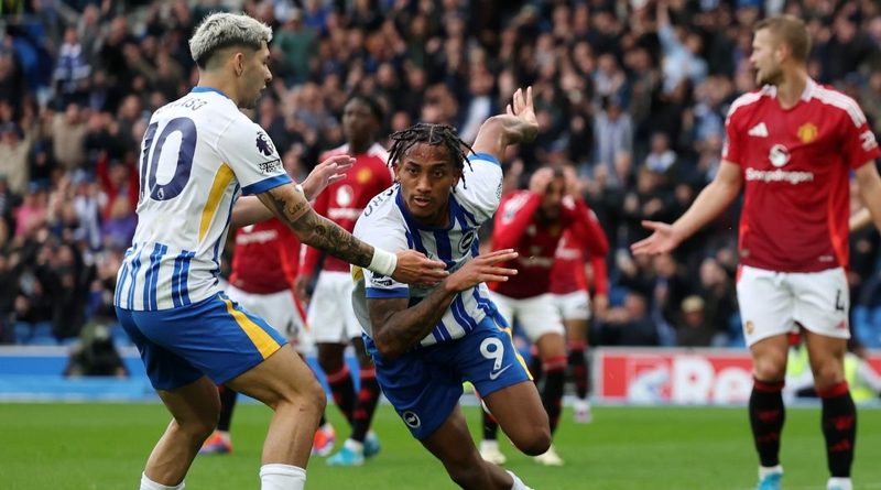 Joao Pedro celebrates his last minute winner as Brighton beat Manchester United 2-1 at the Amex