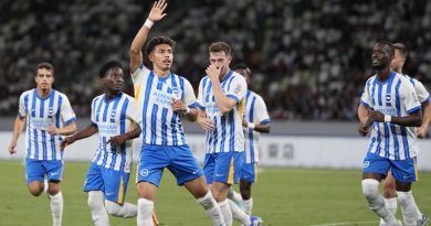 Jeremy Sarmiento celebrates scoring for Brighton against Tokyo Verdy on their tour of Japan