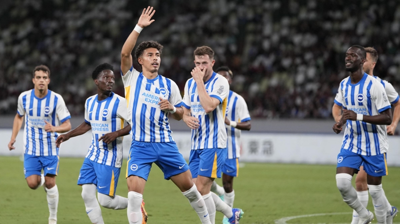 Jeremy Sarmiento celebrates scoring for Brighton against Tokyo Verdy on their tour of Japan