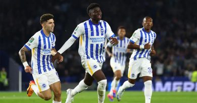 Carlos Baleba celebrates scoring for Brighton in the 3-2 League Cup win over Wolves