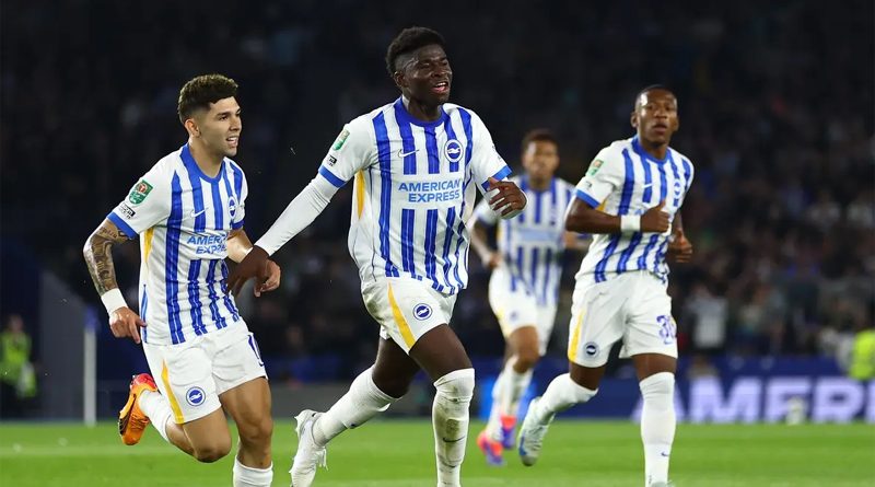 Carlos Baleba celebrates scoring for Brighton in the 3-2 League Cup win over Wolves