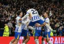 Brighton players celebrate their 2-1 comeback win against Manchester City