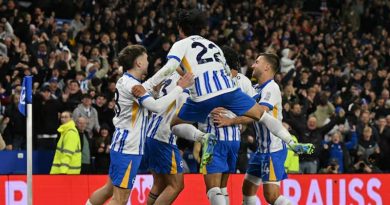 Brighton players celebrate their 2-1 comeback win against Manchester City