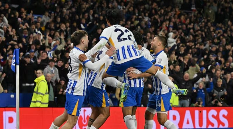 Brighton players celebrate their 2-1 comeback win against Manchester City